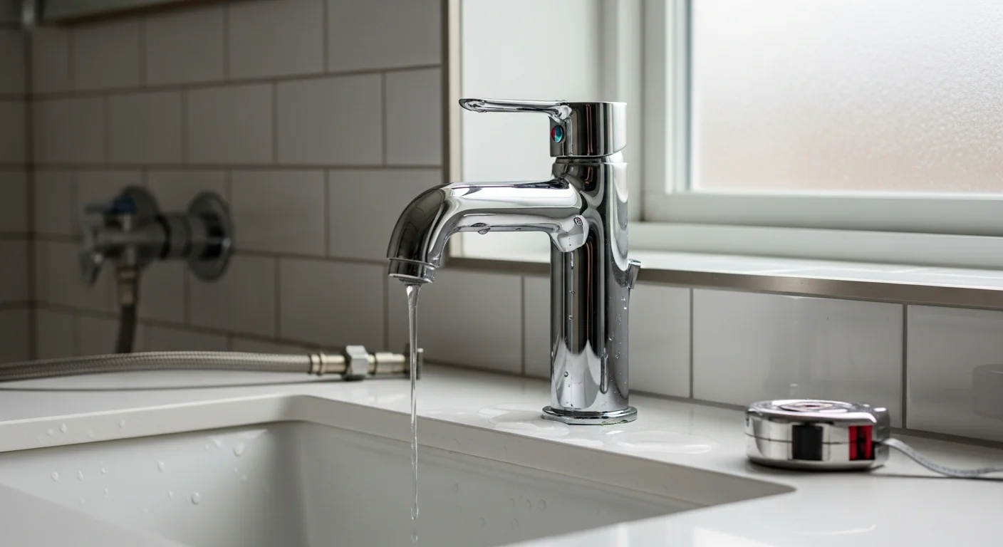 A newly installed bathroom sink faucet and vanity fixture in a Frederickson, WA home, with clean supply line connections and fresh caulk around the base. The bathroom shows updated hardware against a tiled backsplash as part of a kitchen and bath remodel.