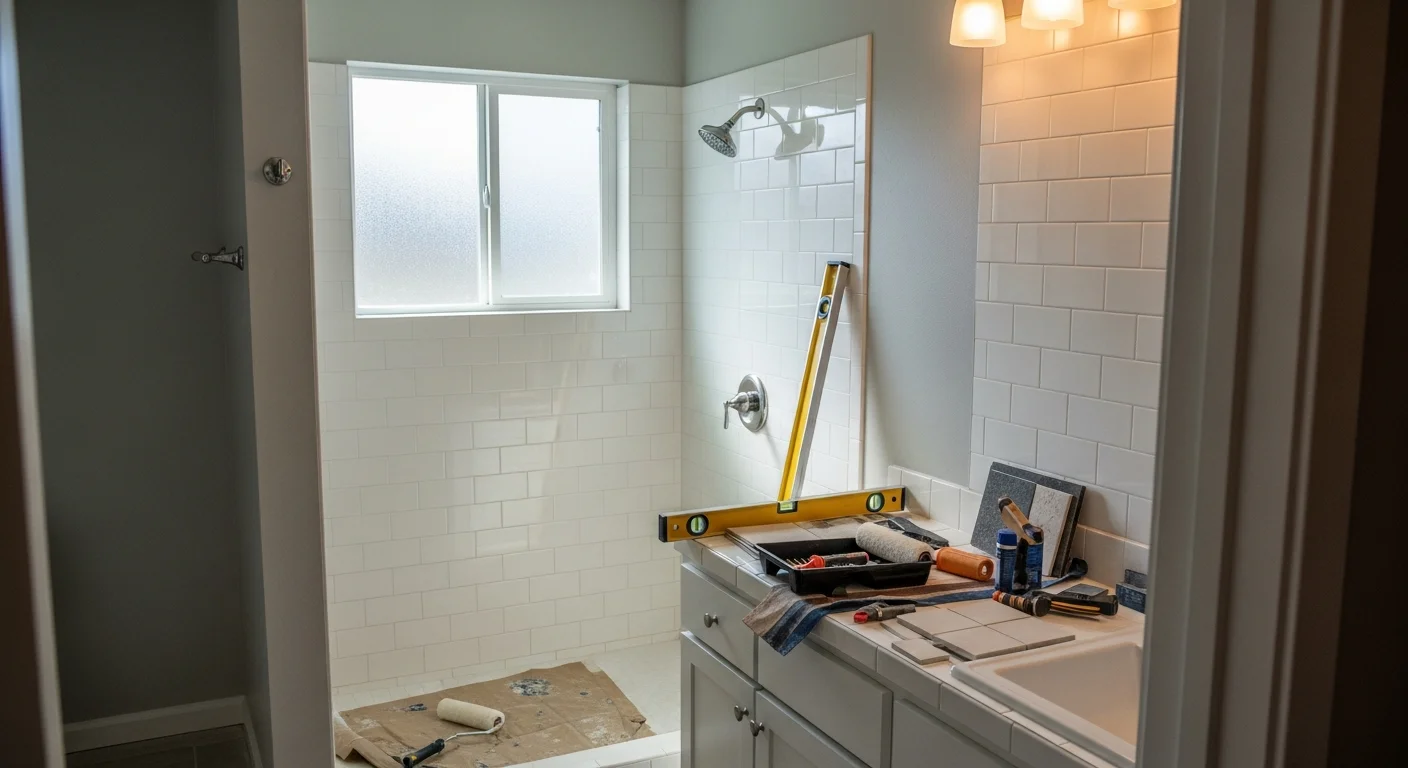 A remodeled bathroom in a Frederickson, WA single-family home showing a tiled walk-in shower, updated vanity, and freshly painted walls. The finished space reflects the kind of full-room renovation Brink Painting and Construction LLC completes for local homeowners.
