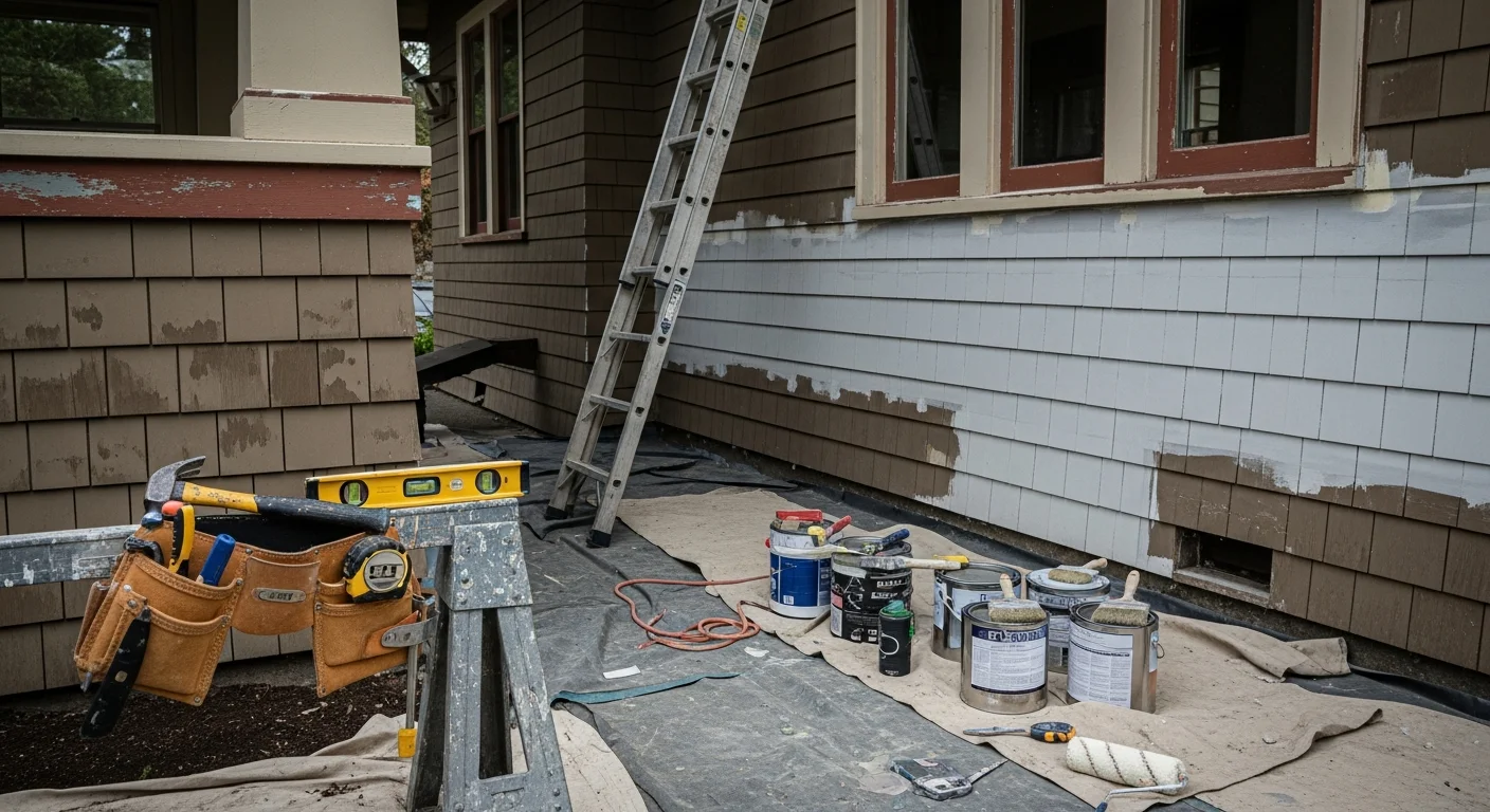 A repaired exterior wall on a two-story single-family home in Frederickson, WA, showing replaced wood siding and freshly finished trim. The repair blends cleanly with the surrounding surface on a craftsman-style home in a residential subdivision.