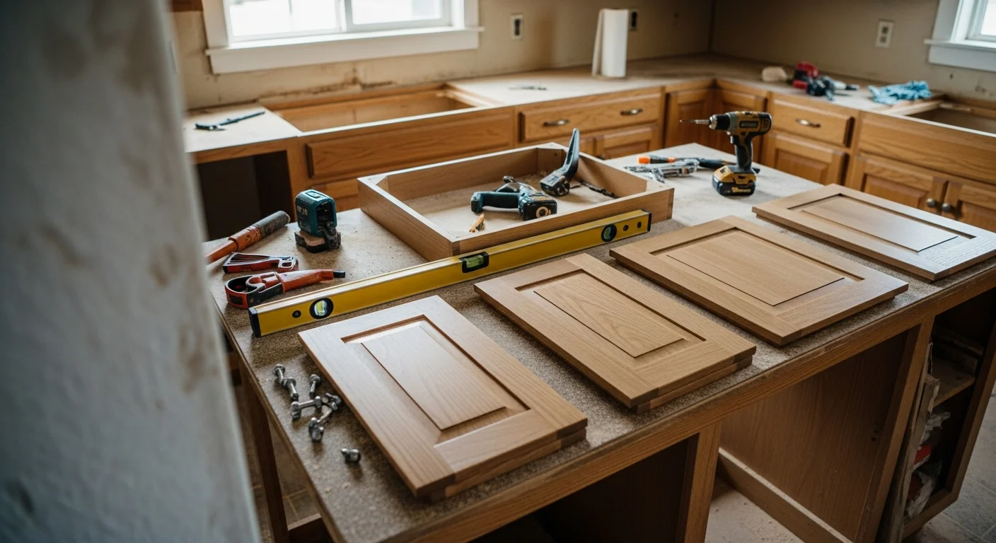 Freshly refaced kitchen cabinets with new doors and updated hardware installed in a Frederickson, WA home. The cabinet boxes are original, and the new door fronts and finish give the kitchen a clean, modern appearance.