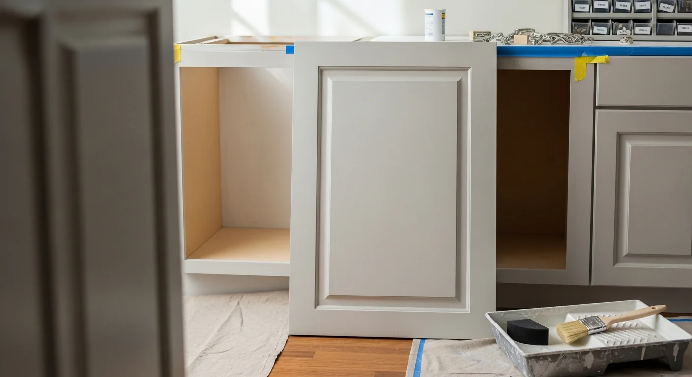 Freshly painted white kitchen cabinets with clean brush lines on door fronts and face frames inside a Frederickson, WA single-family home. Cabinet hardware has been removed and surfaces show a smooth, even finish coat throughout the kitchen.