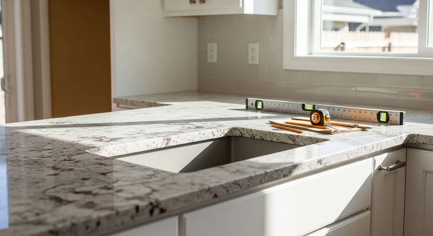 Newly installed countertop in a Frederickson, WA kitchen showing a clean edge fit against wood cabinets with a sink cutout in place. The surface runs the full length of the cabinet run in a single-family home typical of the Frederickson area.