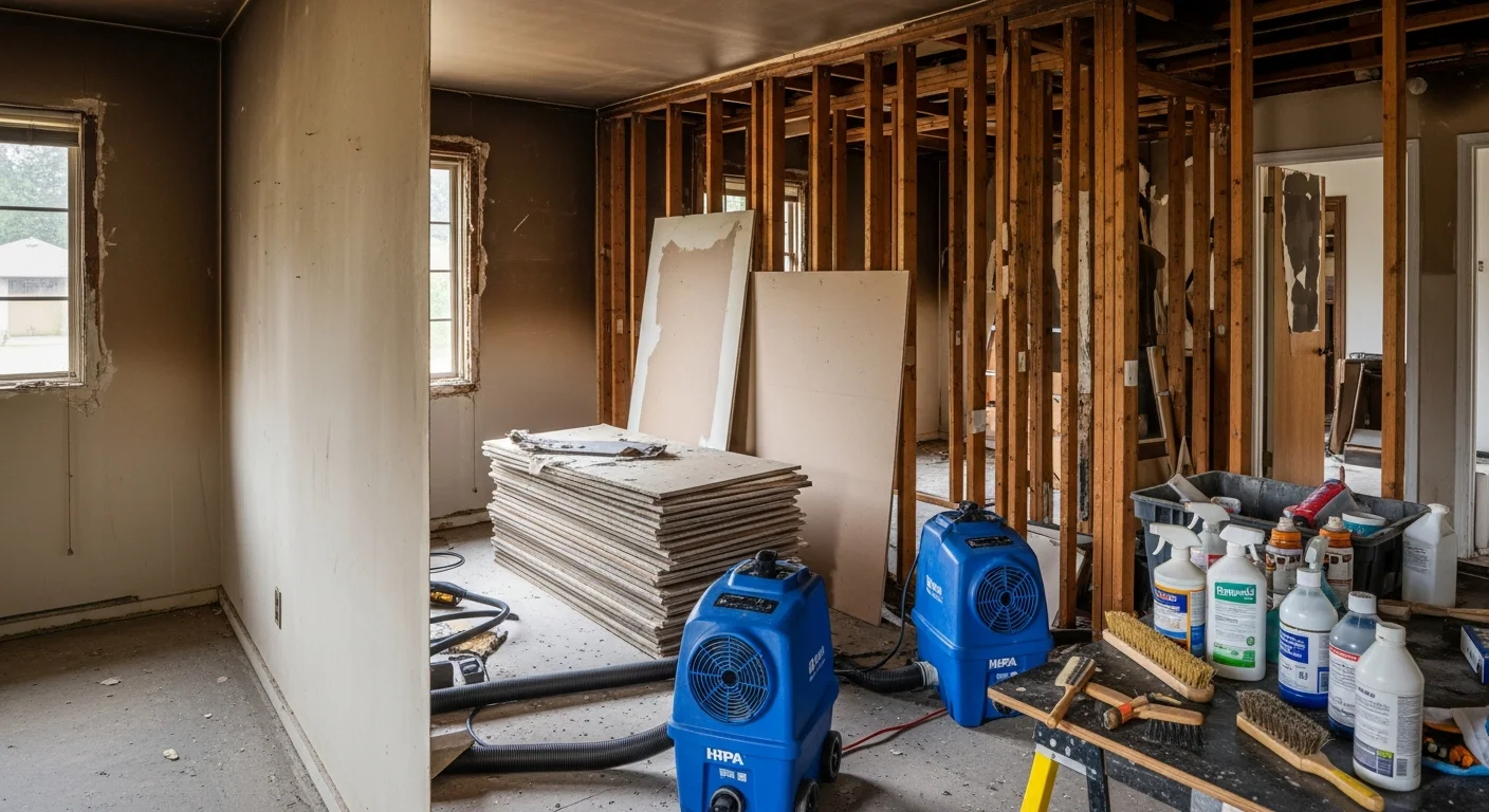 Interior of a Frederickson, WA single-family home showing fire-damaged drywall and smoke-stained walls being assessed for restoration. A contractor inspects charred framing and soot-covered ceiling surfaces in a residential room.