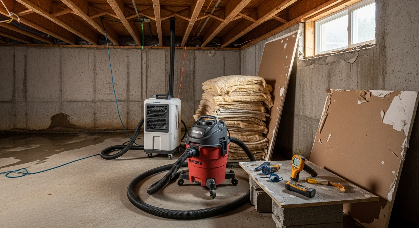 Interior of a Frederickson, WA home showing flood-damaged drywall and subfloor removed down to the framing during restoration work. A restoration crew inspects the exposed wall cavity and crawl space access point for moisture and structural damage.