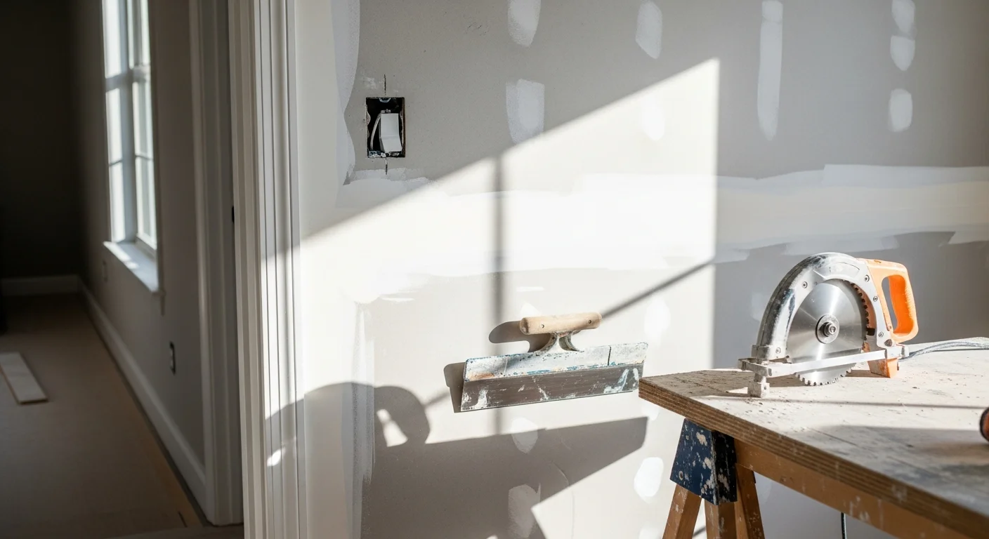 A handyman repairing wood trim and caulking around a window on the exterior of a single-family home in Frederickson, WA. The home shows a freshly patched and painted surface typical of owner-occupied suburban homes in Pierce County.