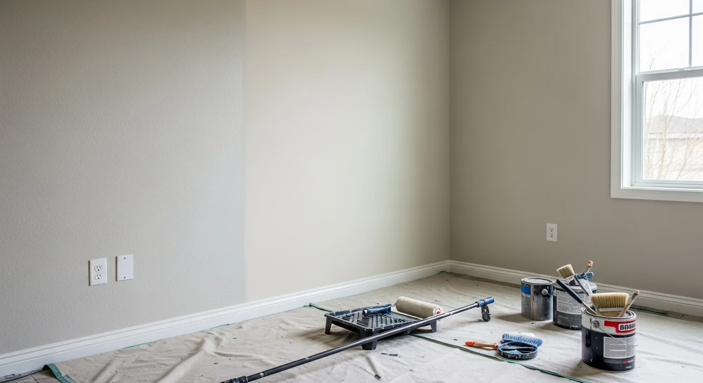 Interior of a Frederickson, WA single-family home with freshly painted white walls, clean trim, and a smooth ceiling finish in a bright living room. A professional painter from Brink Painting and Construction LLC applies a second coat to the wall beside a covered hardwood floor.