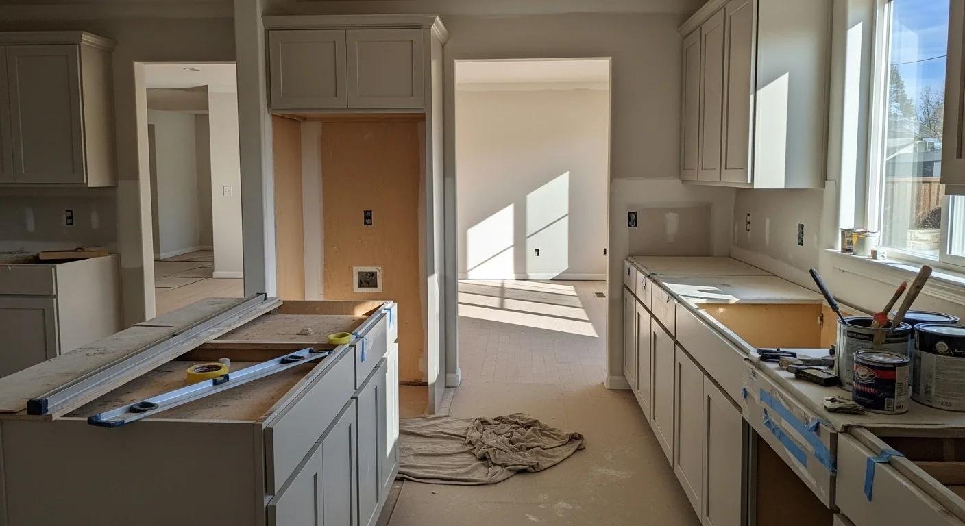 Remodeled kitchen interior in a Frederickson, WA single-family home showing open-concept layout with updated cabinetry, fresh paint, and new flooring. Work completed by Brink Painting and Construction LLC in Pierce County.