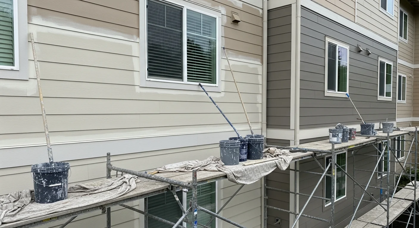 Exterior view of a freshly painted multi-family townhome community in Frederickson, WA, showing uniform siding color and clean trim lines across multiple connected units. A painting crew works on scaffolding along the building facade during a dry Pacific Northwest day.