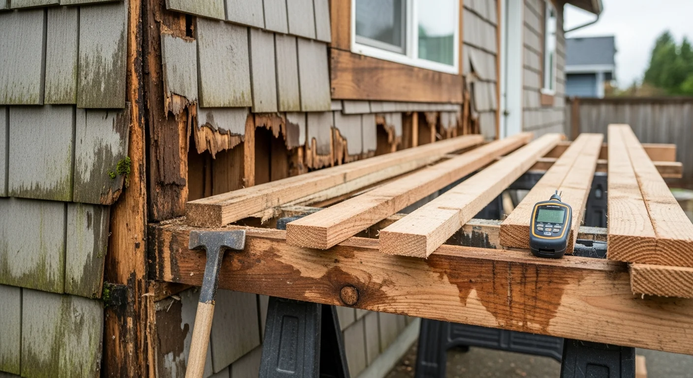 Rotted fascia board and window trim on a Frederickson, WA home being removed and replaced by a general contractor. Fresh wood repair work is visible alongside the original weathered siding.