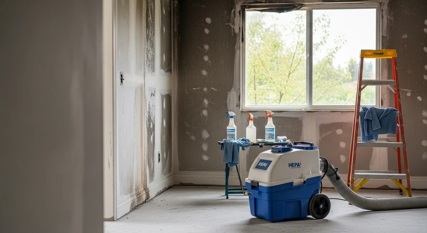 Interior of a Frederickson, WA home showing soot-stained walls and ceiling being cleaned and restored after smoke damage. A technician applies surface treatment to remove smoke residue in a residential living area.