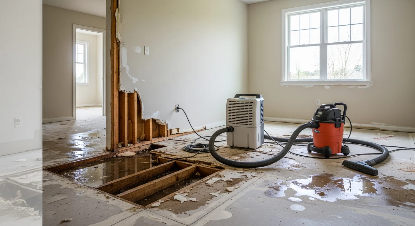 Interior of a Frederickson, WA single-family home showing restored drywall and flooring after water damage repair. Walls are freshly patched and painted, with no visible signs of prior water intrusion.